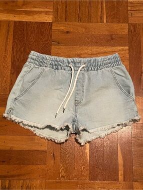 Celebrity Pink Light Blue Denim Drawstring Frayed-Hem Shorts Size Small